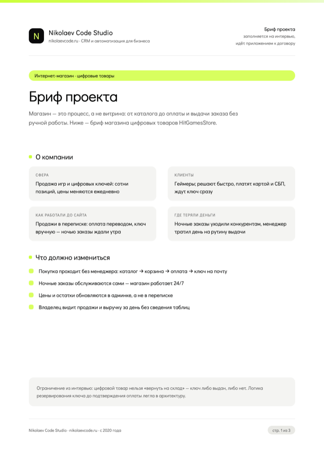 Бриф магазина